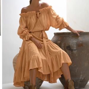 Elegant Off-Shoulder Ruffle Dress in Peach